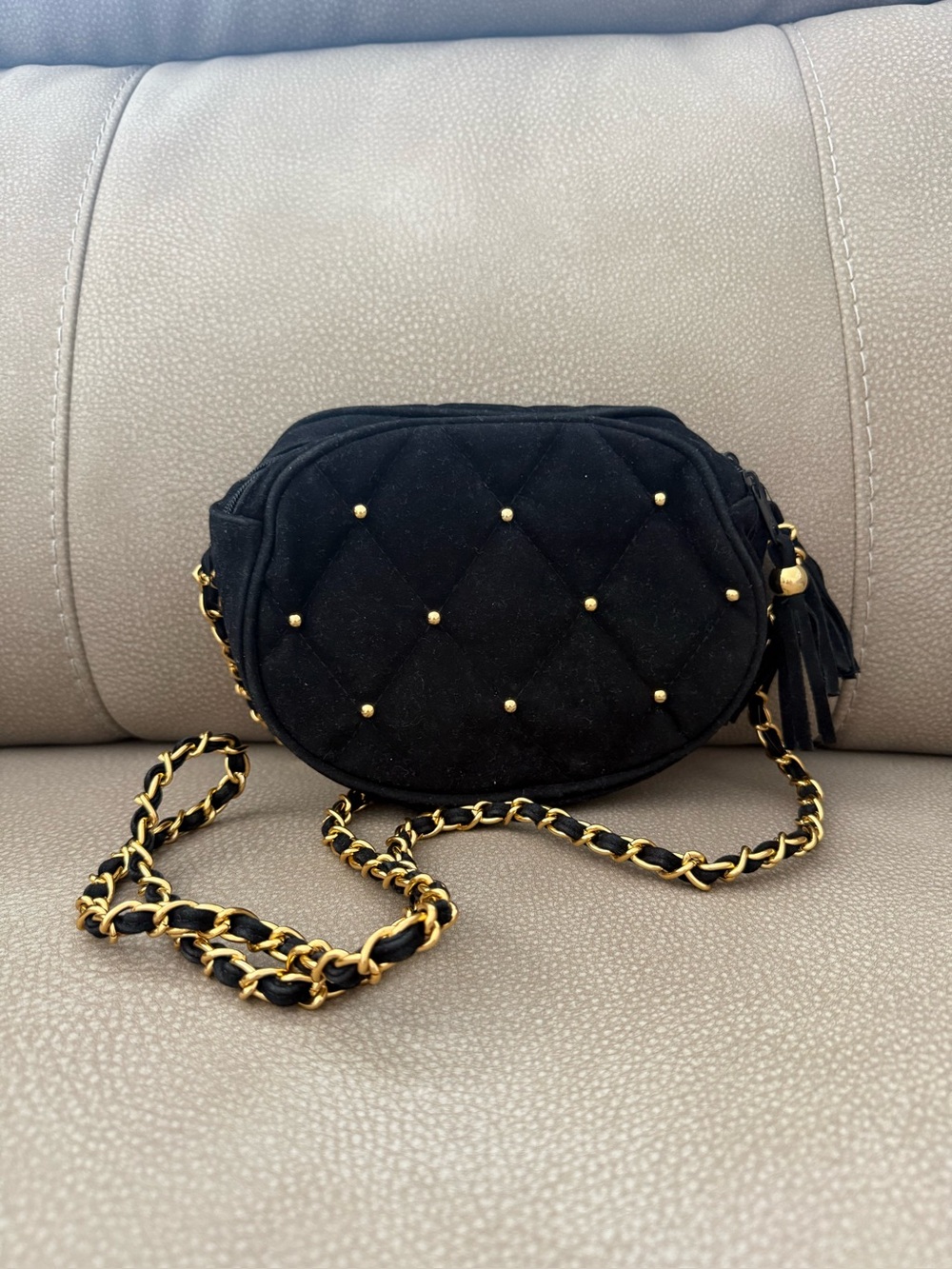 Used Black Quilted Crossbody Bag with Gold Studs and Chain